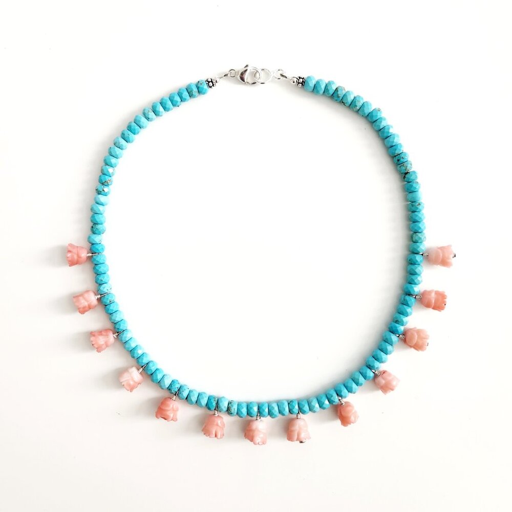TURQUOISE NECKLACE W/ CORAL FLOWER DROPS--16" - Picture 2 of 2